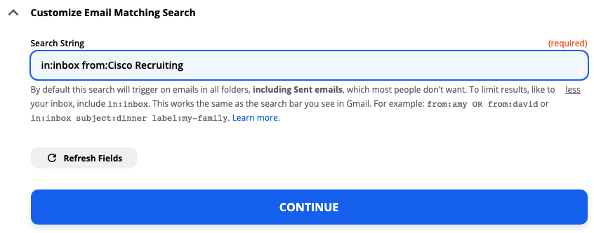 A screenshot of the customize Gmail step in the Zap editor. A Gmail search string is typed into a field labeled Search String. 