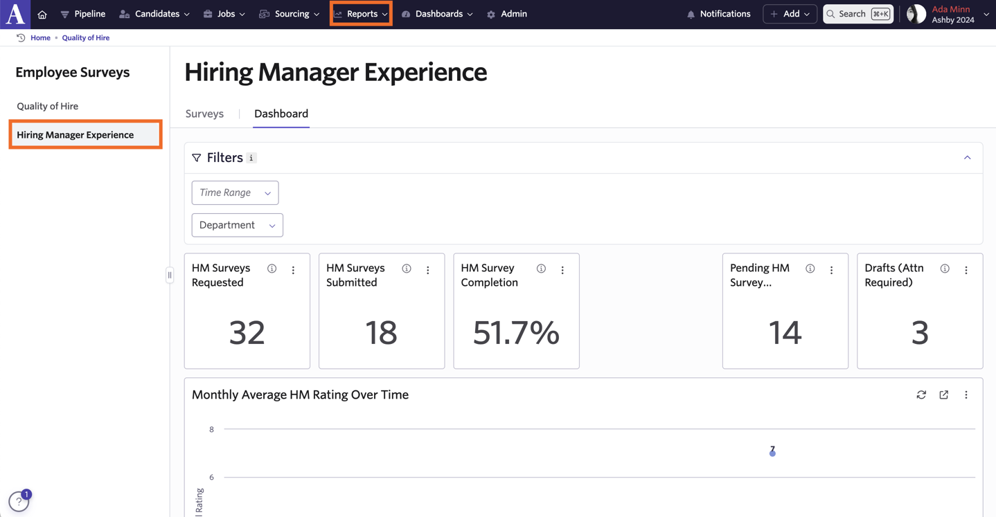 Shows the hiring manage experience dashboard. Shows the hiring manage experience dashboard.