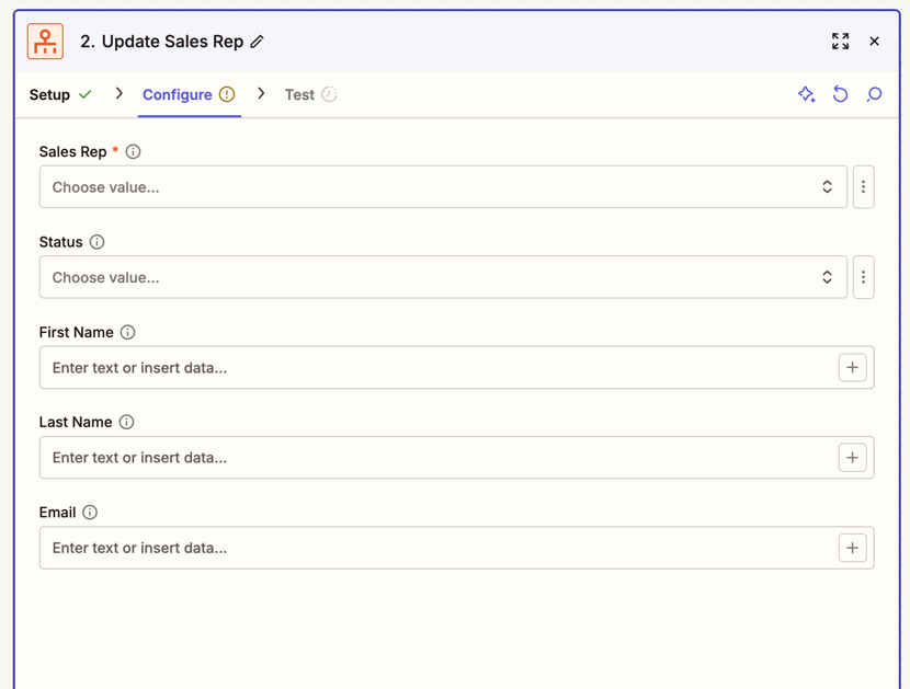 Update Sales Rep Configure tab showing Sales Rep, Status, First Name, Last Name, and Email fields