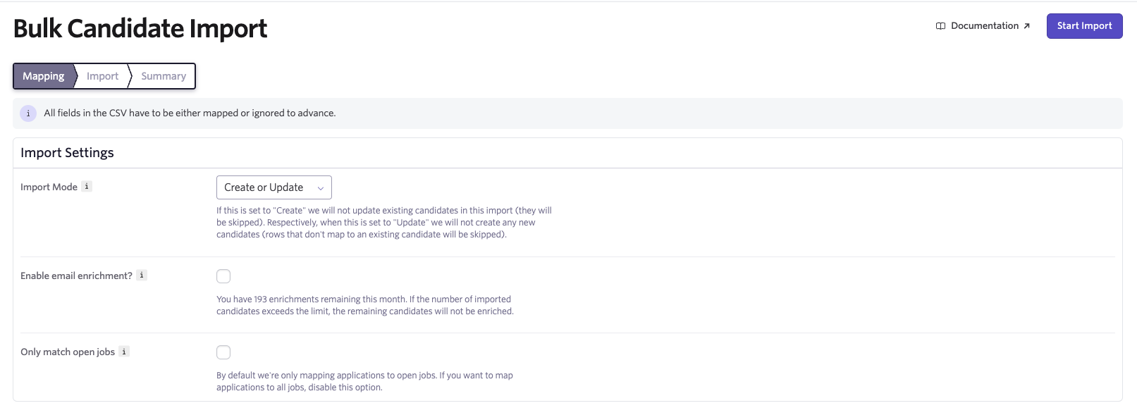 The bulk candidate import page open to the Import Settings section. The bulk candidate import page open to the Import Settings section.