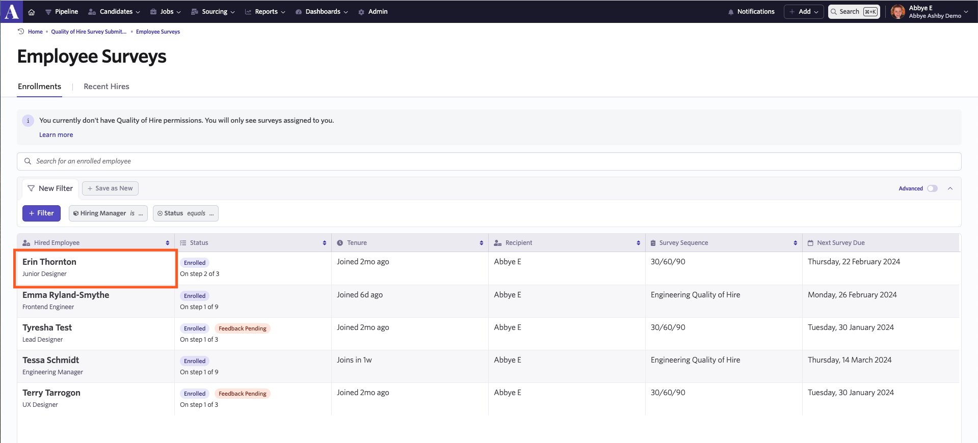 Screenshot of the Employee Surveys enrollment list Screenshot of the Employee Surveys enrollment list