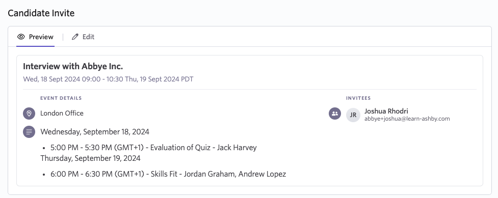 Candidate invite showing interviews spanning multiple days, with one calendar invite for all interview events Candidate invite showing interviews spanning multiple days, with one calendar invite for all interview events