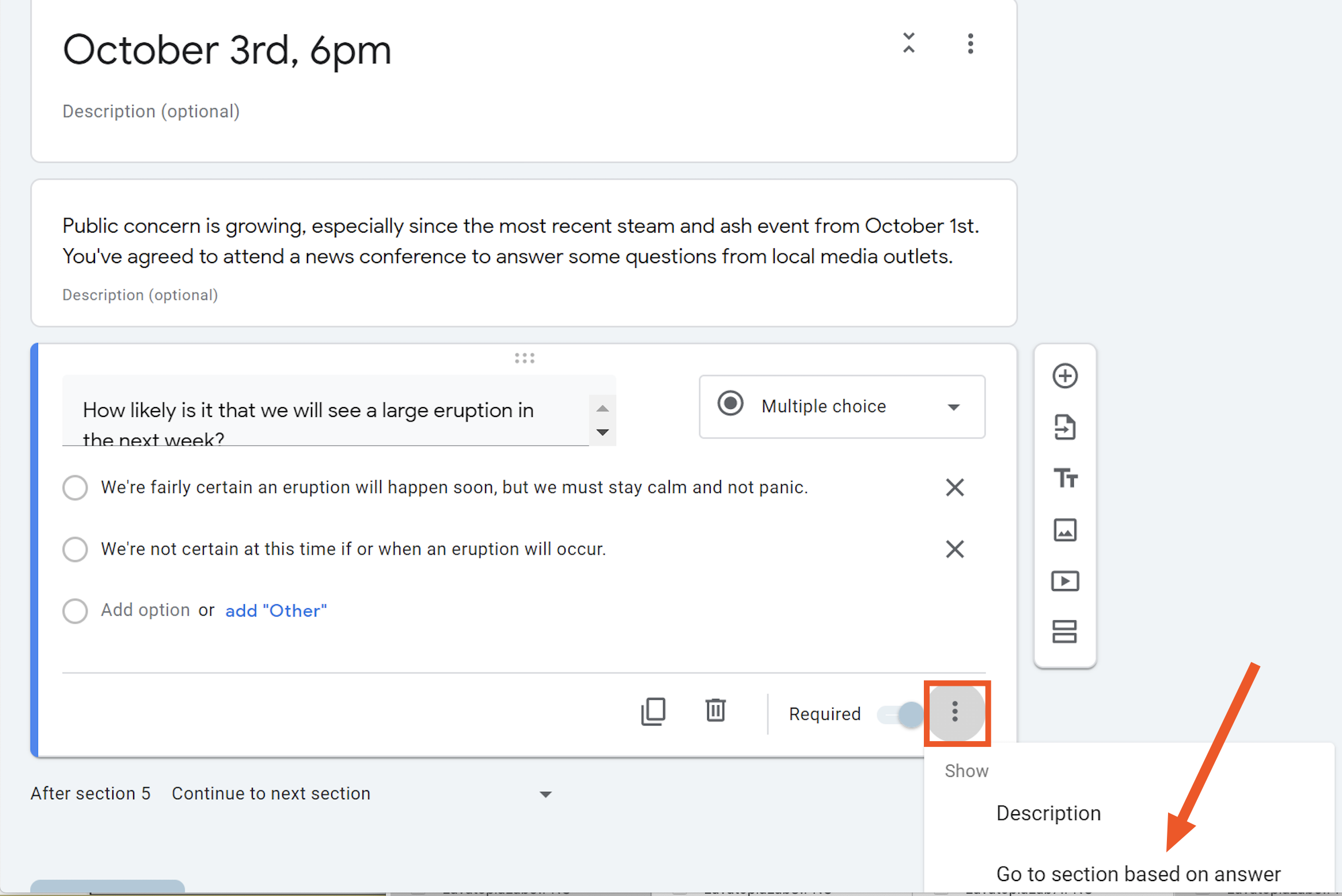 Screenshot of the Go to section feature in Google Forms