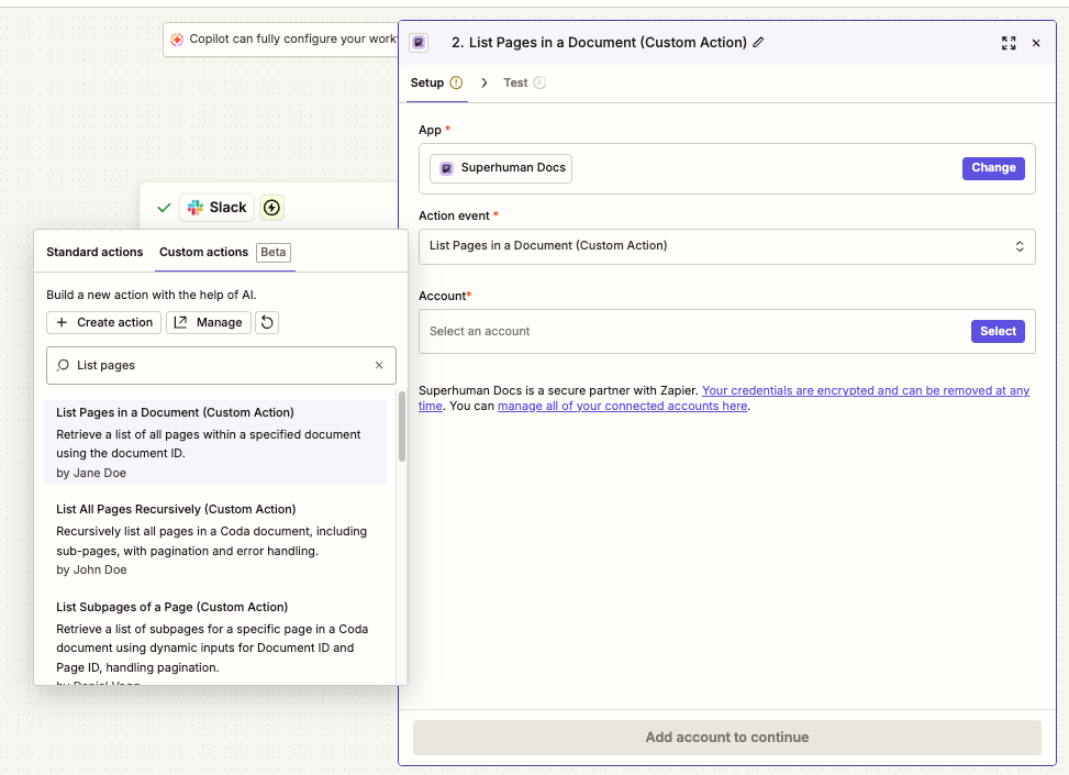 The Custom actions tab of the Action event dropdown in the Zap editor, with search results for custom actions and the selected List Pages in a Document action open in the Setup panel
