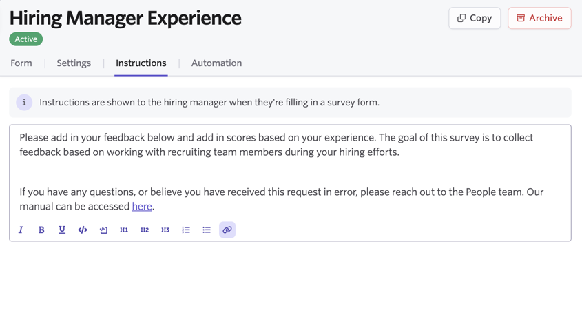 Shows the instructions tab of the hiring manager experience survey configuration window. Shows the instructions tab of the hiring manager experience survey configuration window.