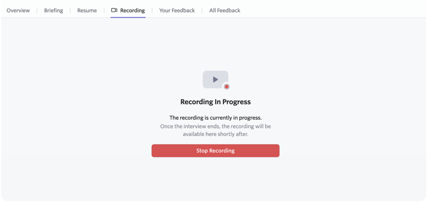 Screenshot of the Recording tab in the interview briefing showing the Stop Recording button.