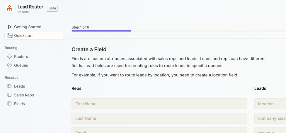 Quickstart Lead Router starting screen