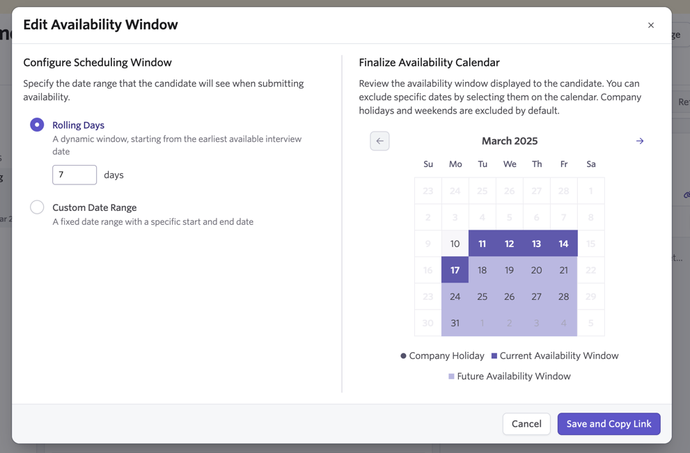 Screenshot showing the calendar view for selecting available dates within the availability window Screenshot showing the calendar view for selecting available dates within the availability window