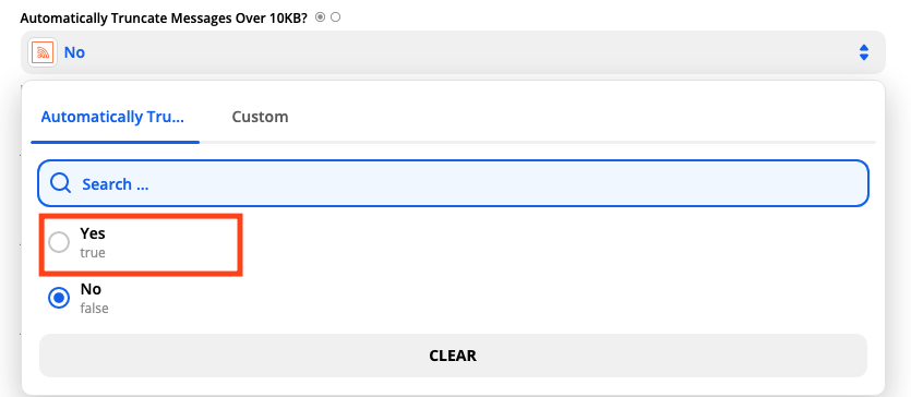 A screenshot of the Zap editor. Under the Automatically Truncate Messages over 10KB field, the Yes option is highlighted.
