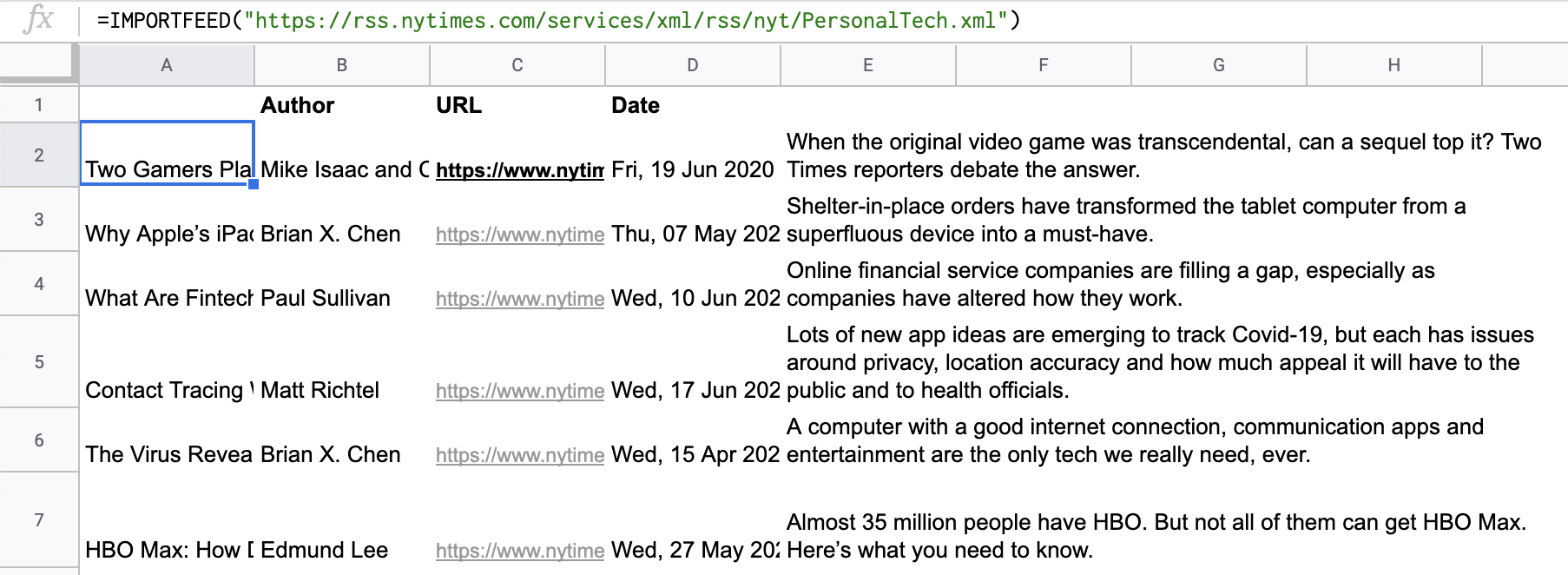 Importing RSS feeds in Google Sheets