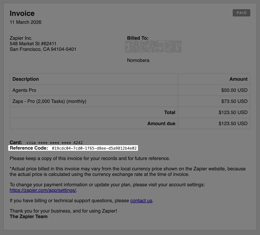 Sample invoice with reference code highlighted