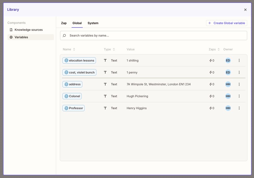 List view of all variables created in an account