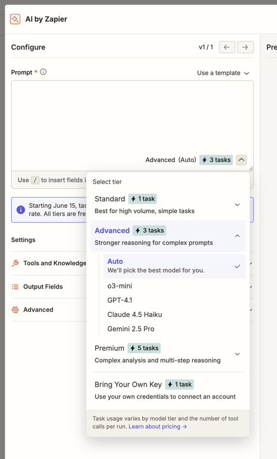 The model tier dropdown in an AI by Zapier step showing Standard (1 task), Advanced (3 tasks), Premium (5 tasks), and Bring Your Own Key (1 task) options