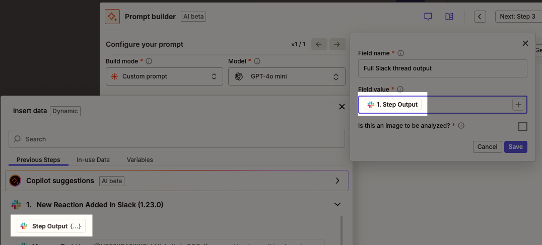 Step output field displayed as a mapped field and as an option to map from a previous step.