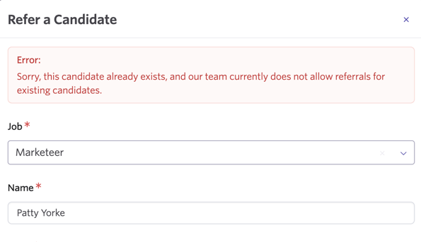 The error shown when a user tries to add a candidate already in Ashby.