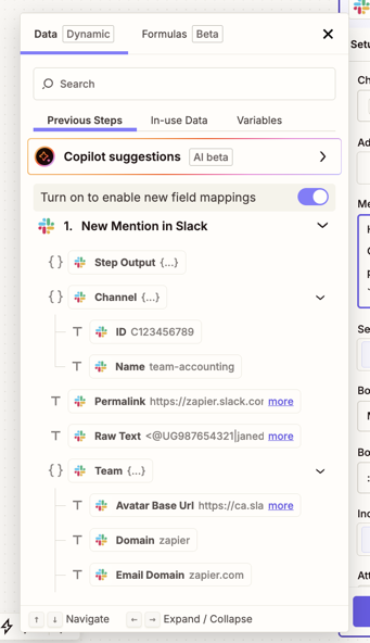 Field mapping dropdown menu showing the nested view with collapsible data structure and field type icons