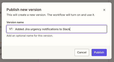 The Publish new version dialog box, with a suggested name in the Version name field