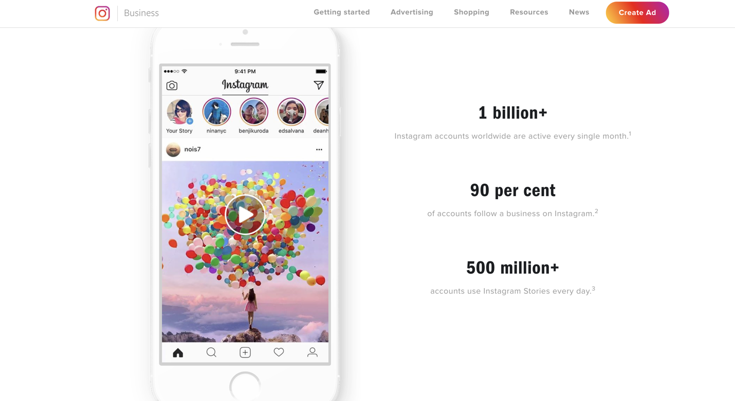 Instagram for Business home page